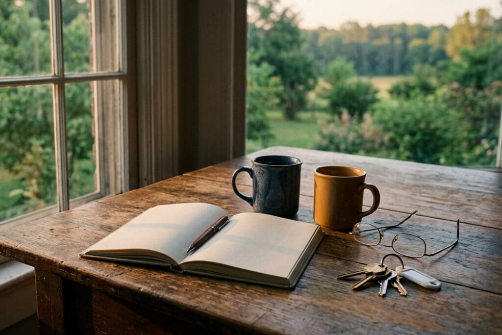 An open notebook with blank pages and a pen resting on it, on a worn wooden table beside two mugs, a pair of reading glasses and a set of keys. A garden is visible through the window.