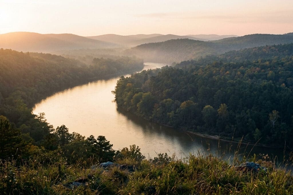 A wide river curving through forested hills at dawn, with mist over the far ridges and tall grass along the bluff in the foreground.