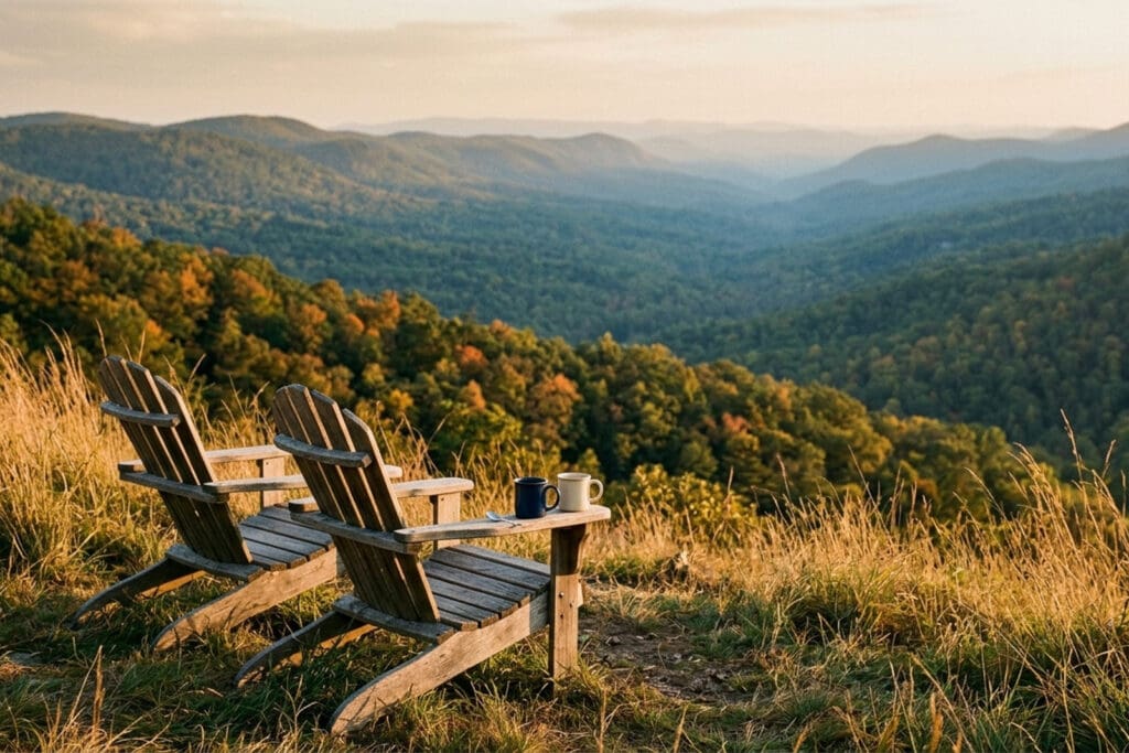 Two empty wooden Adirondack chairs on a grassy hilltop, with a blue mug and a cream mug on a small table between them, looking out over forested ridges turning to autumn color.