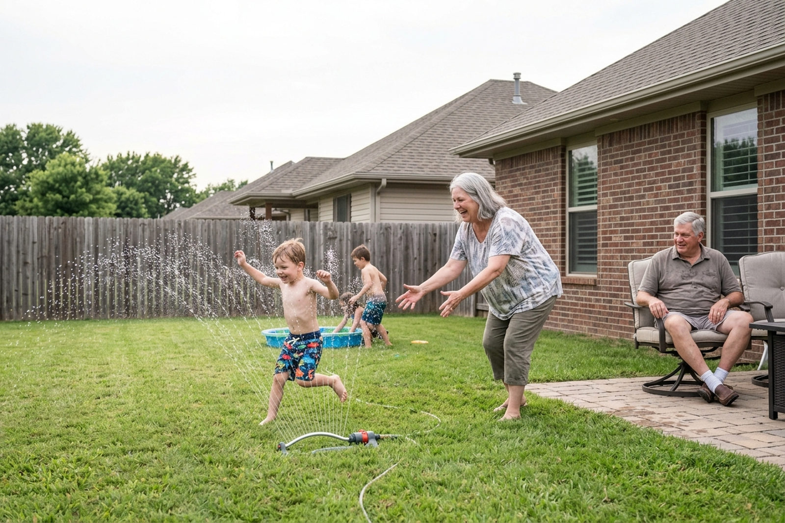 An older woman stands on a backyard lawn with her arms open toward a young boy running through a garden sprinkler. A second child plays in a small inflatable pool behind them, and an older man watches from a patio chair beside a brick house.
