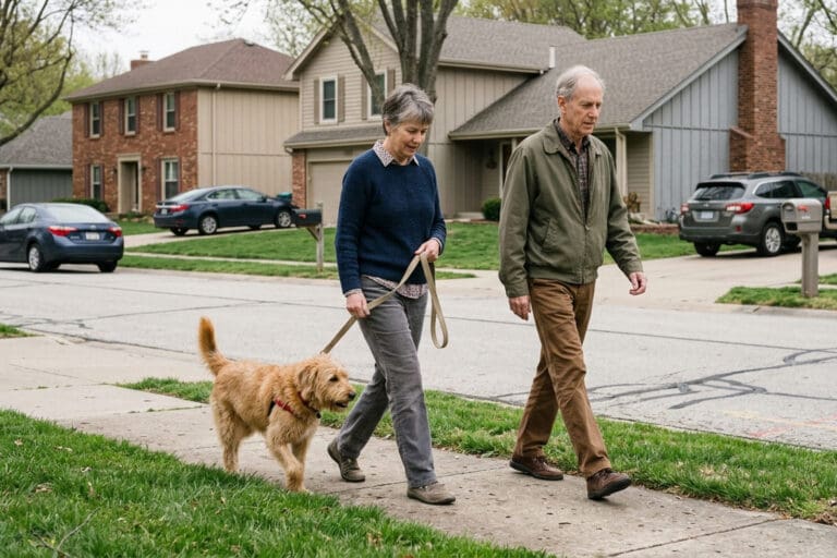 An older man and woman walk a small tan dog along a sidewalk in a suburban neighborhood, passing parked cars, mown lawns and two-story houses.